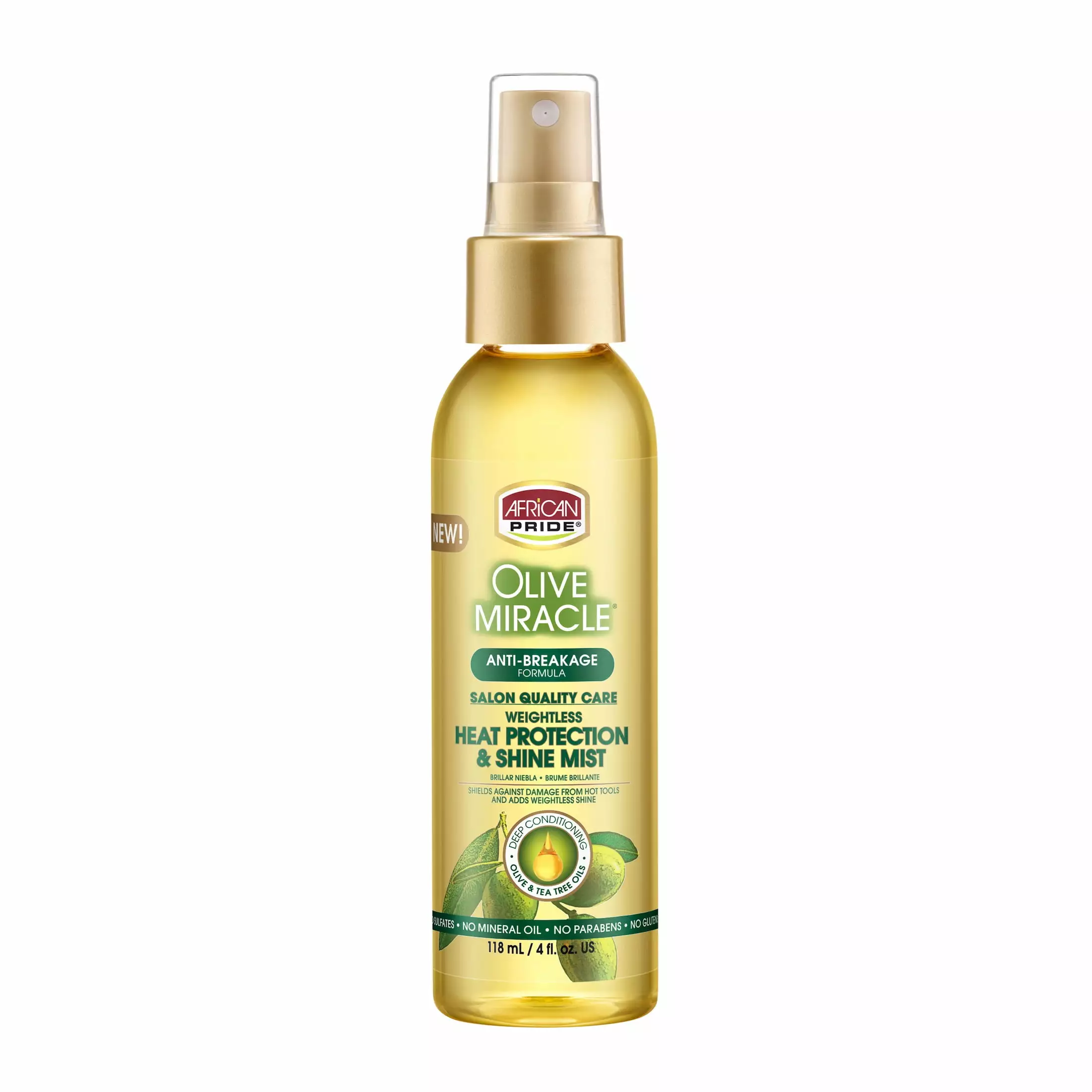 African Pride Olive Miracle Anti-Breakage Heat Protection Shine Mist Hair Spray. 4 fl oz. Female. All Hair