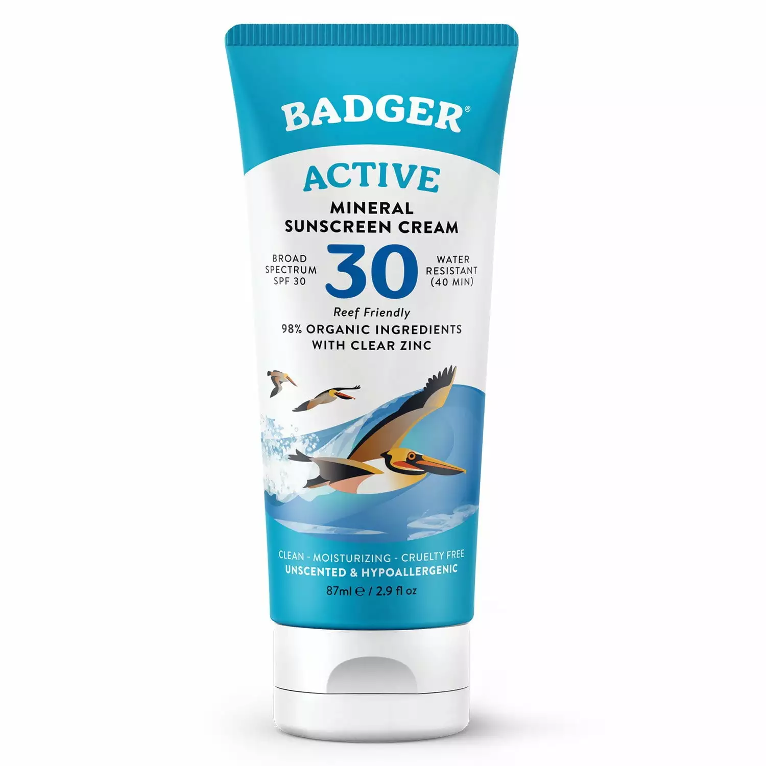 Badger Mineral Sunscreen Cream SPF 30. All Natural Sunscreen with Zinc Oxide. 98% Organic Ingredients. Reef Safe. Broad Spectrum. Water Resistant. Unscented. 2.9 fl oz