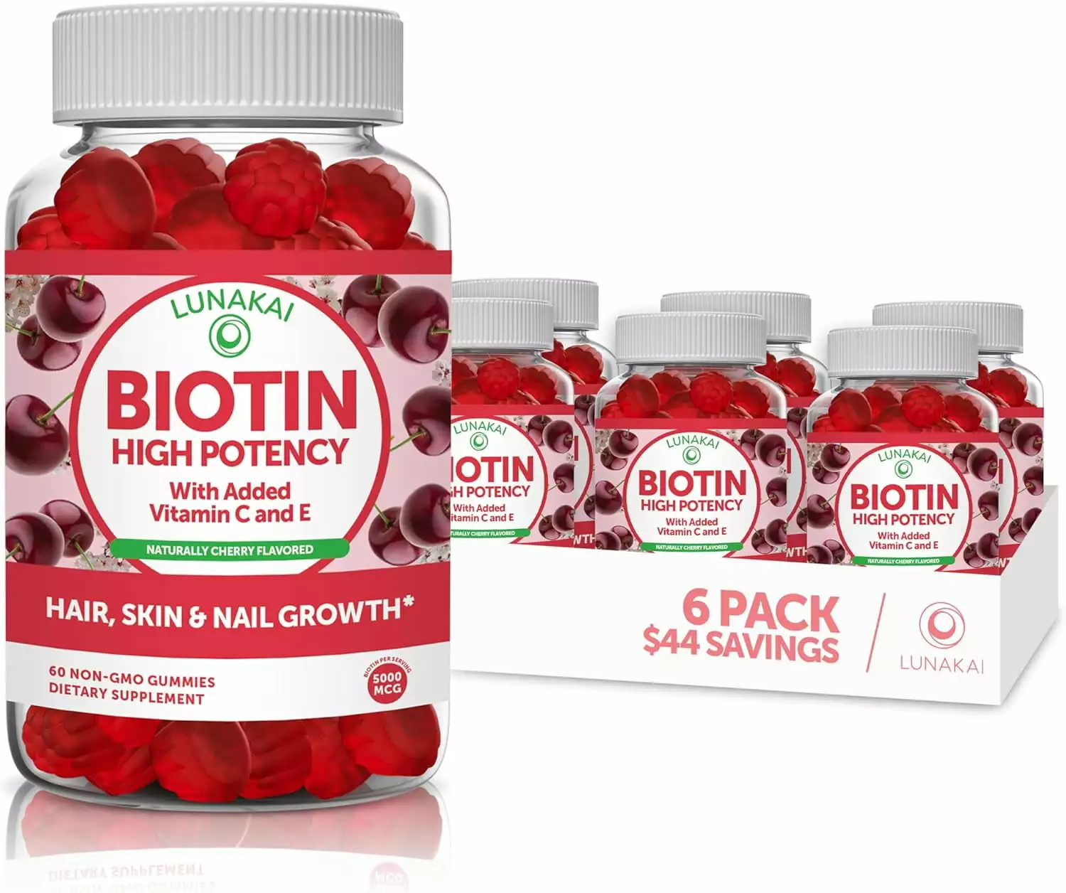 Biotin Gummies with Vitamin C & E - Tastiest Proprietary Formula-5000mcg Non-GMO Hair Skin and Nails Vitamins Gummies for Women - Vegan Biotin Supplement - Biotin Gummies for Hair Growth - 6 Pack