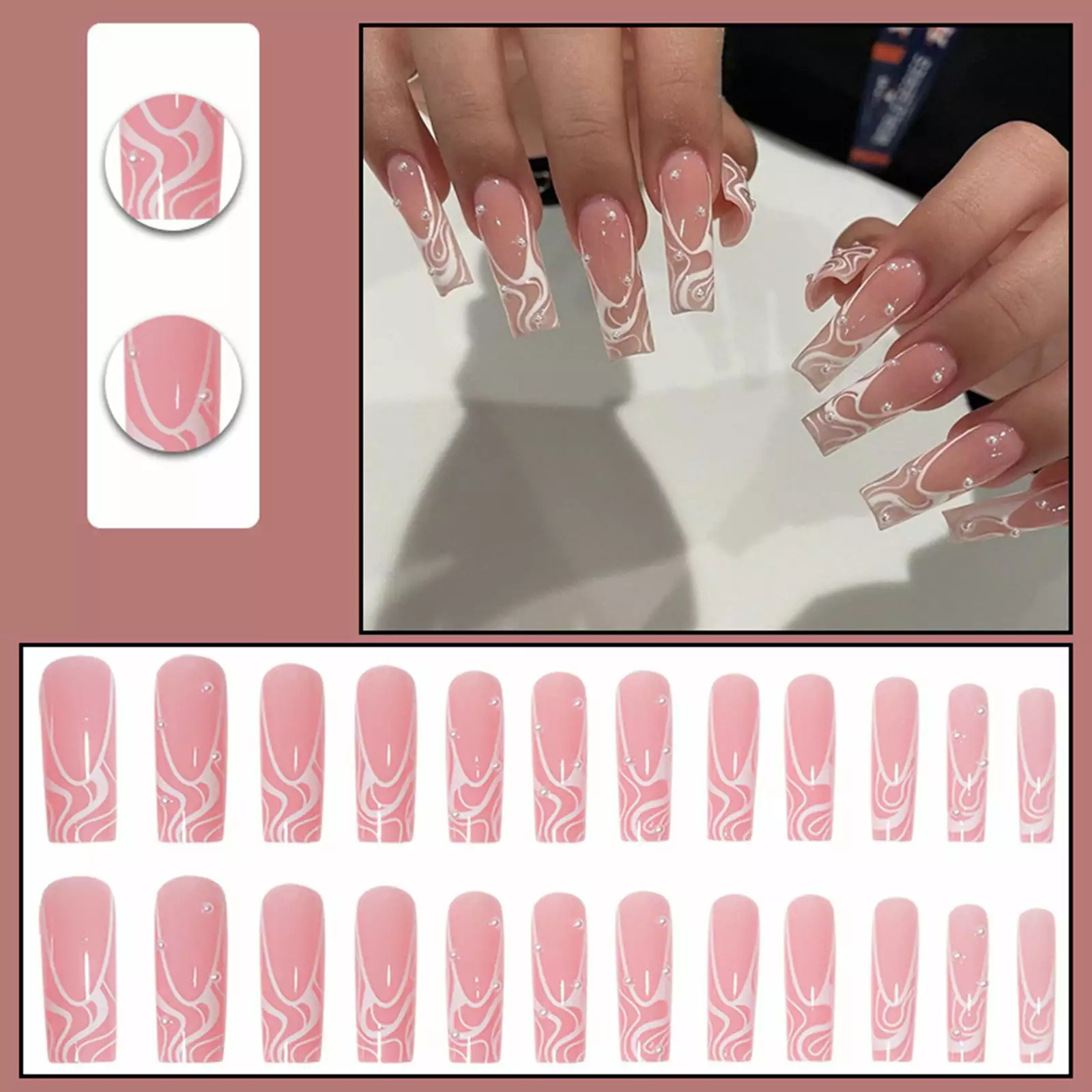 CBGELRT Press on Nails Long Square Shape False Nails French Pink Acrylic Nail Stickers with Pearl Designs 24 Count with 1ml Glue. Pink