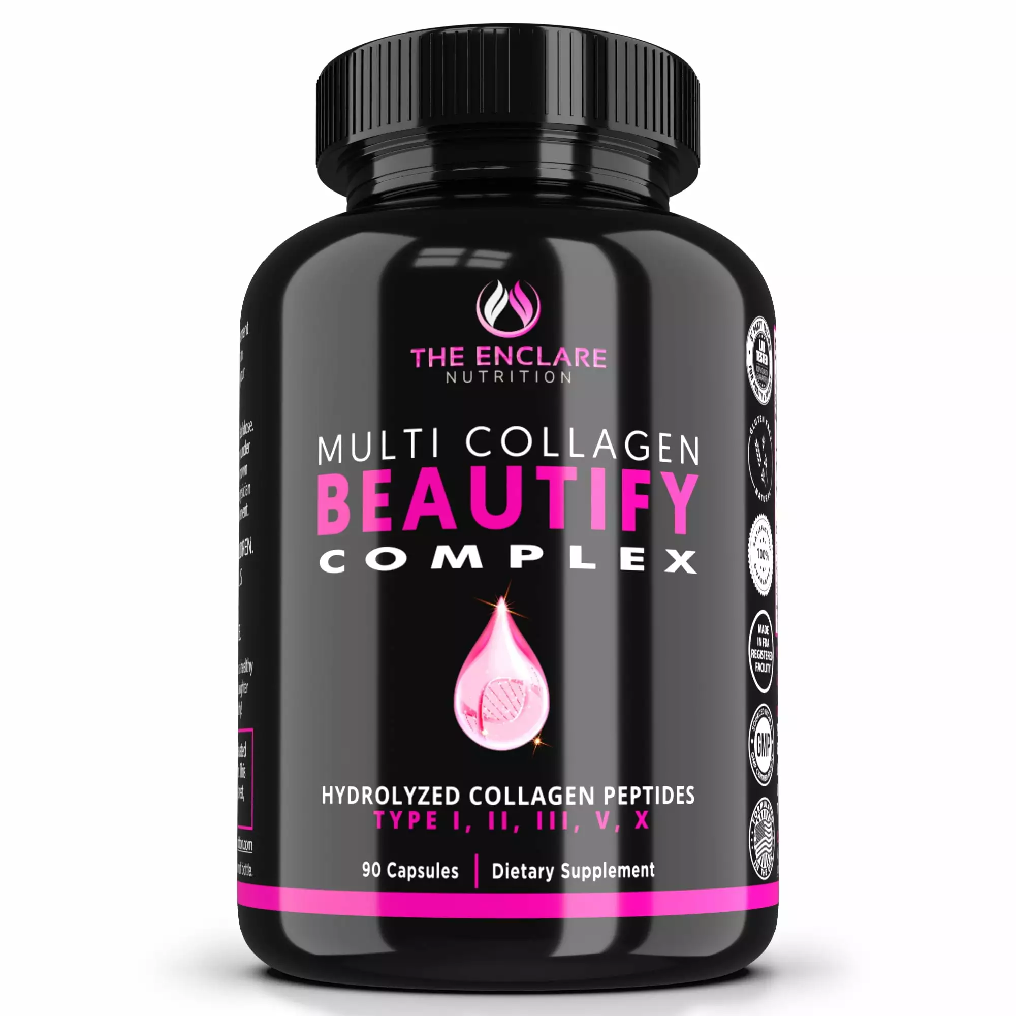 Collagen Pills Multi Collagen Complex Type I. II. III. V. X - Hydrolyzed Collagen Peptides Capsules. Hair Skin and Nails Vitamins. Joint Support. 90 Ct. with Box - Enclare Nutrition Beautify