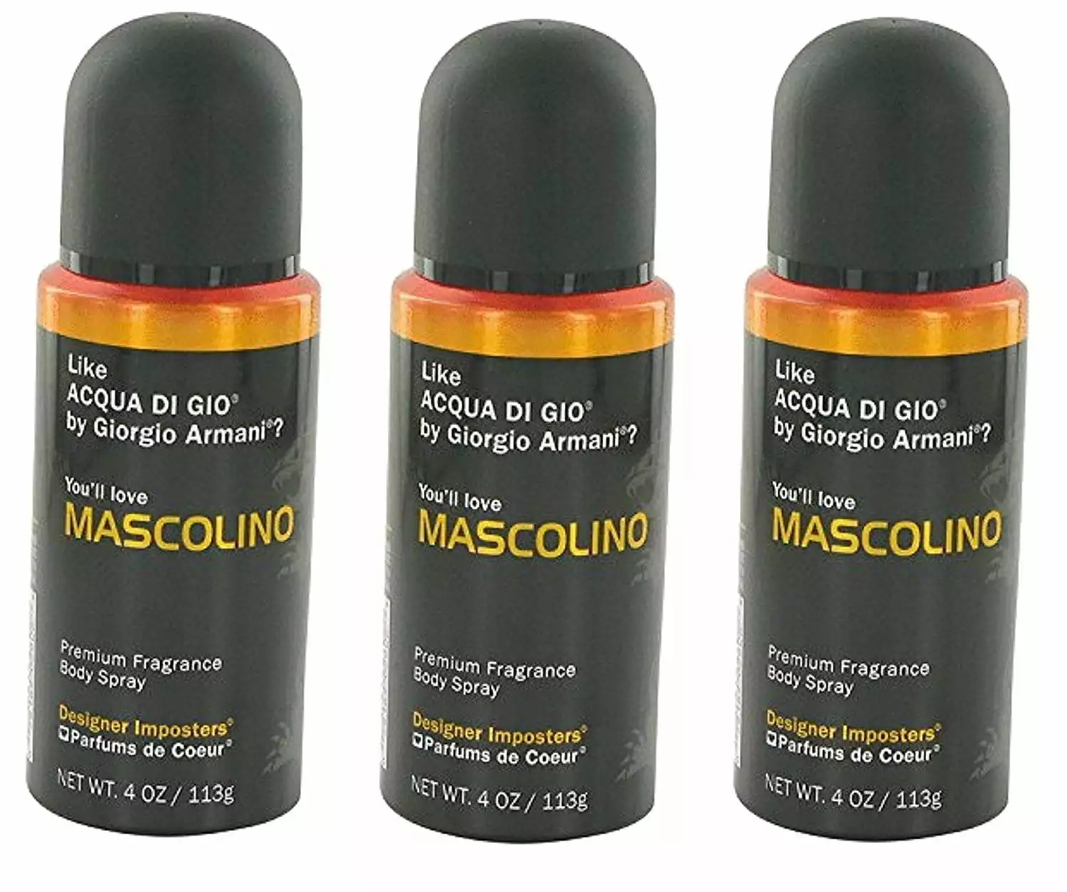 Designer Imposters Mascolino by Parfums De Coeur Body Spray for Men. 4 oz. 3 Pack