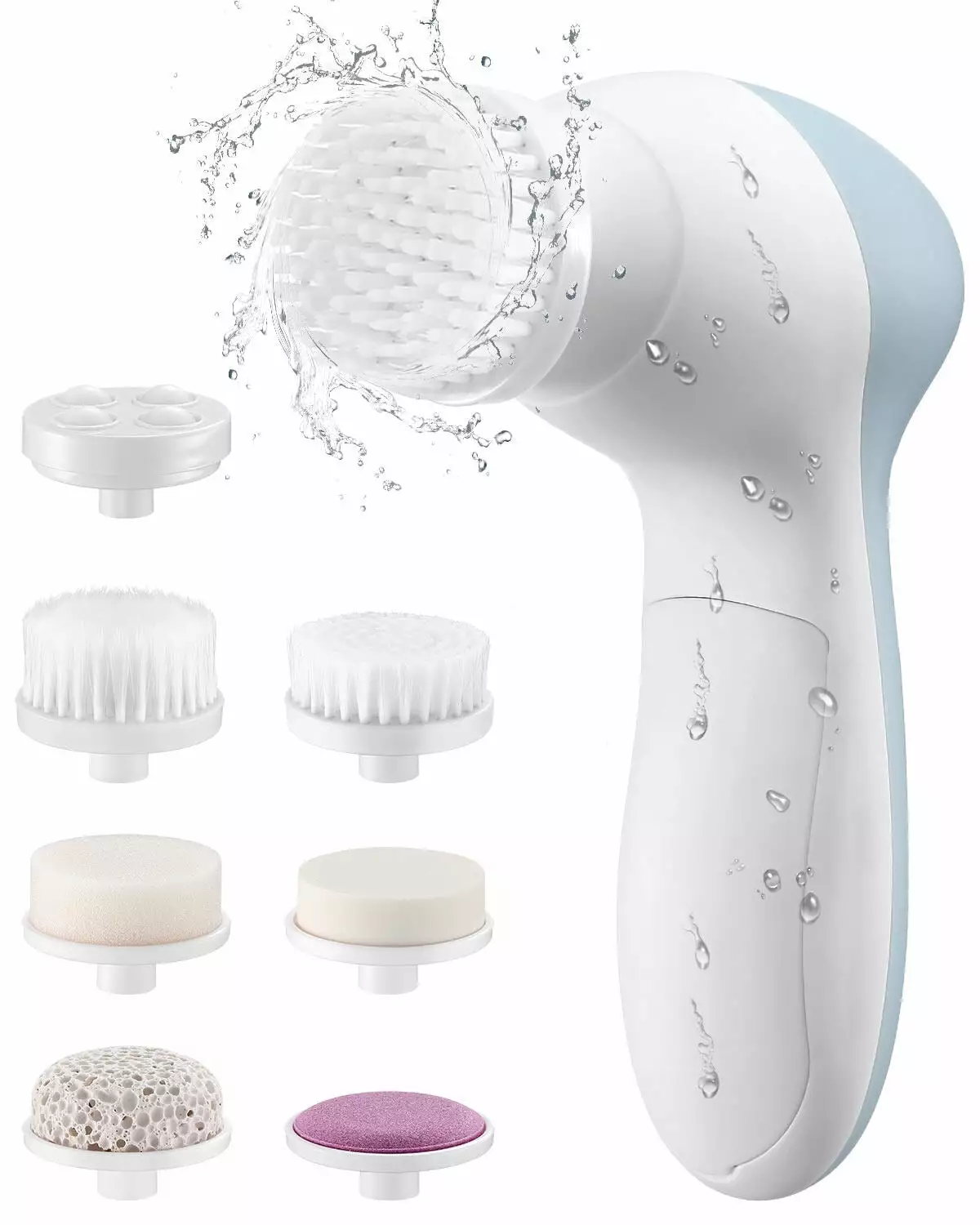 Facial Cleansing Brush Waterproof Spin Face Brush 7-IN-1 Body Cleansing Brush Set for Deep Skin Cleansing. Gentle Exfoliating. Blackhead Removal. Light Blue