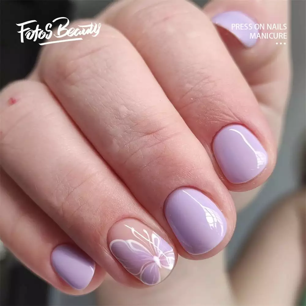 Fofosbeauty 24pcs Press on False Nails. Round Fake Acrylic Nails.Butterfly Sweet Blooming Purple