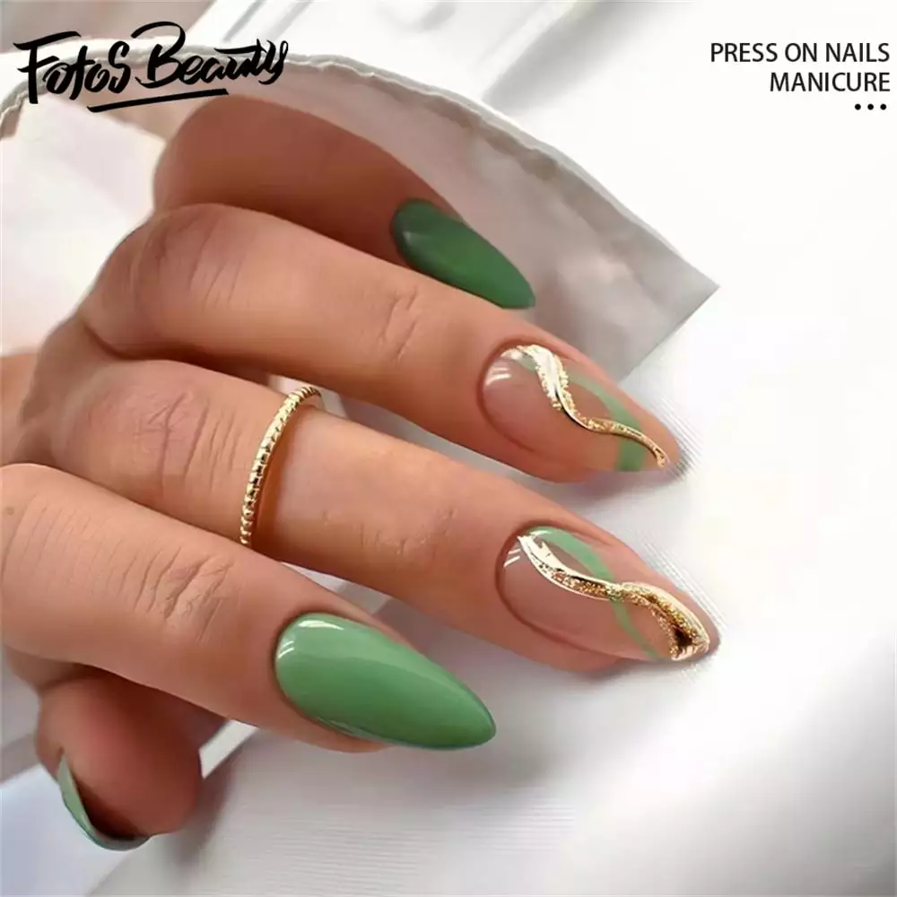 Fofosbeauty 24pcs Press on False Nails Tips. Almond Fake Acrylic Nails. Ripple Green Gold