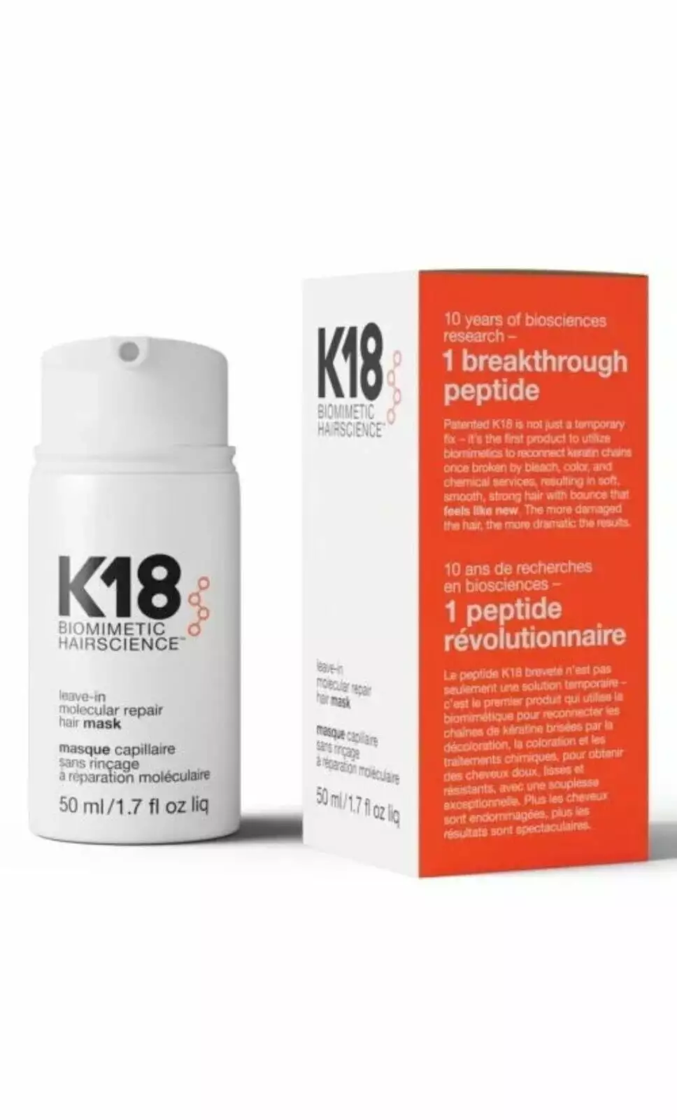 K18 Leave-in Molecular Repair Hair Mask For All Hair Types. Repairs Dry or Damaged Hair. Reverse Hair Damage from Bleach. Color. Chemical Services & Heat. Hair Care 50ml