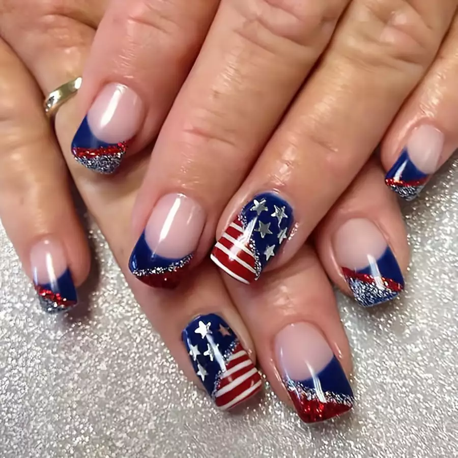 Olive 24pcs Press-on Nail Set - Patriotic Flag & Stars Design Square Short Removable Fake Nail Tips for a Trendy Style Wearable Nail Art for Women and Girls Perfect for 4th Of July Ind