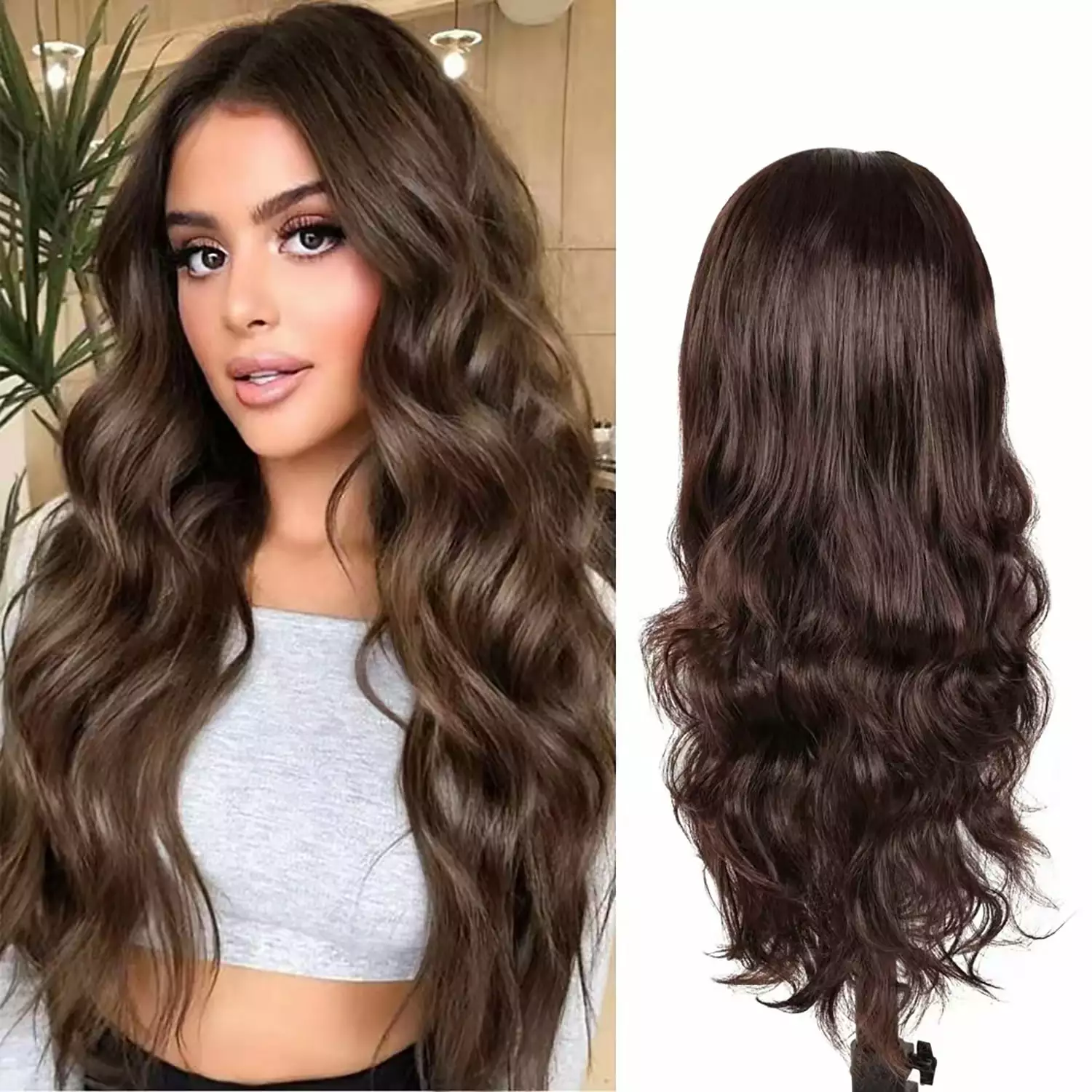 Phocas 24inch Long Brown Wigs for Women Body Wave Wig Synthetic Curly Wig Water Wave Wig