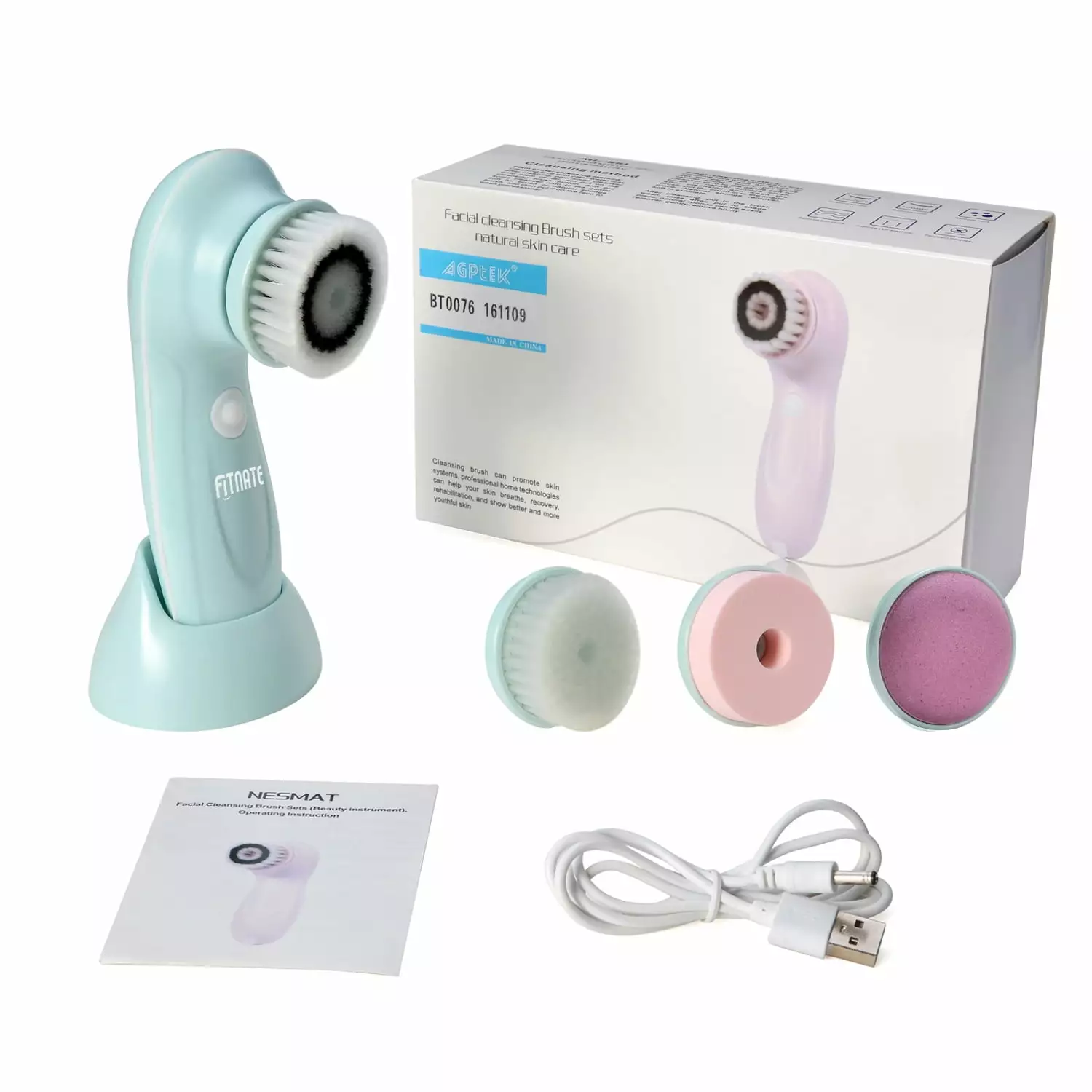 Rechargeable Electric Facial Cleansing Brush Spin Massager System and Face Brush.3 Rotating Heads