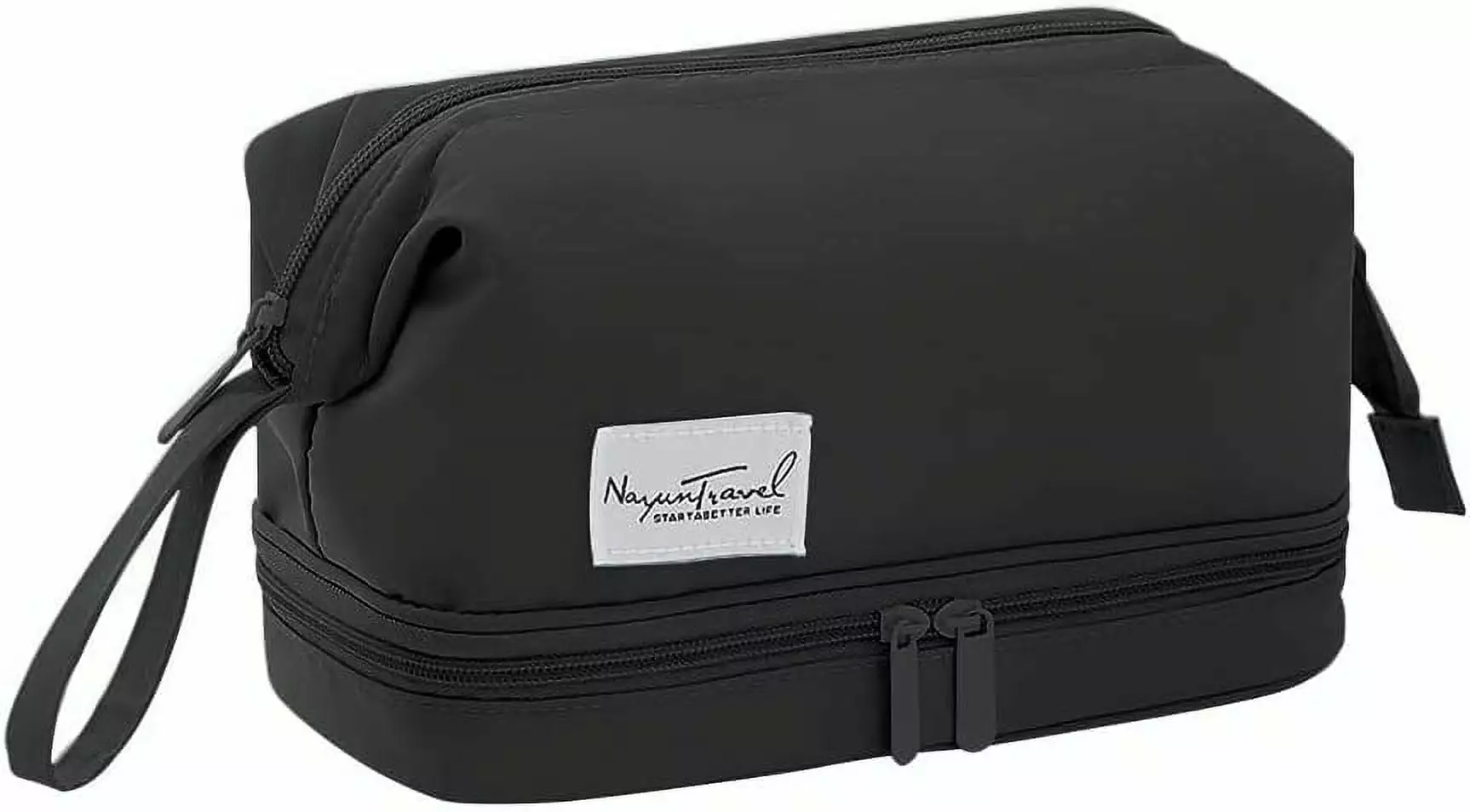 Travel Makeup Bag. Double Layer Cosmetic Bag with Brush Organizer. Portable Zip Toiletry Bag with Compartments. Travel Makeup Pouch Case for Women and Girls. Black