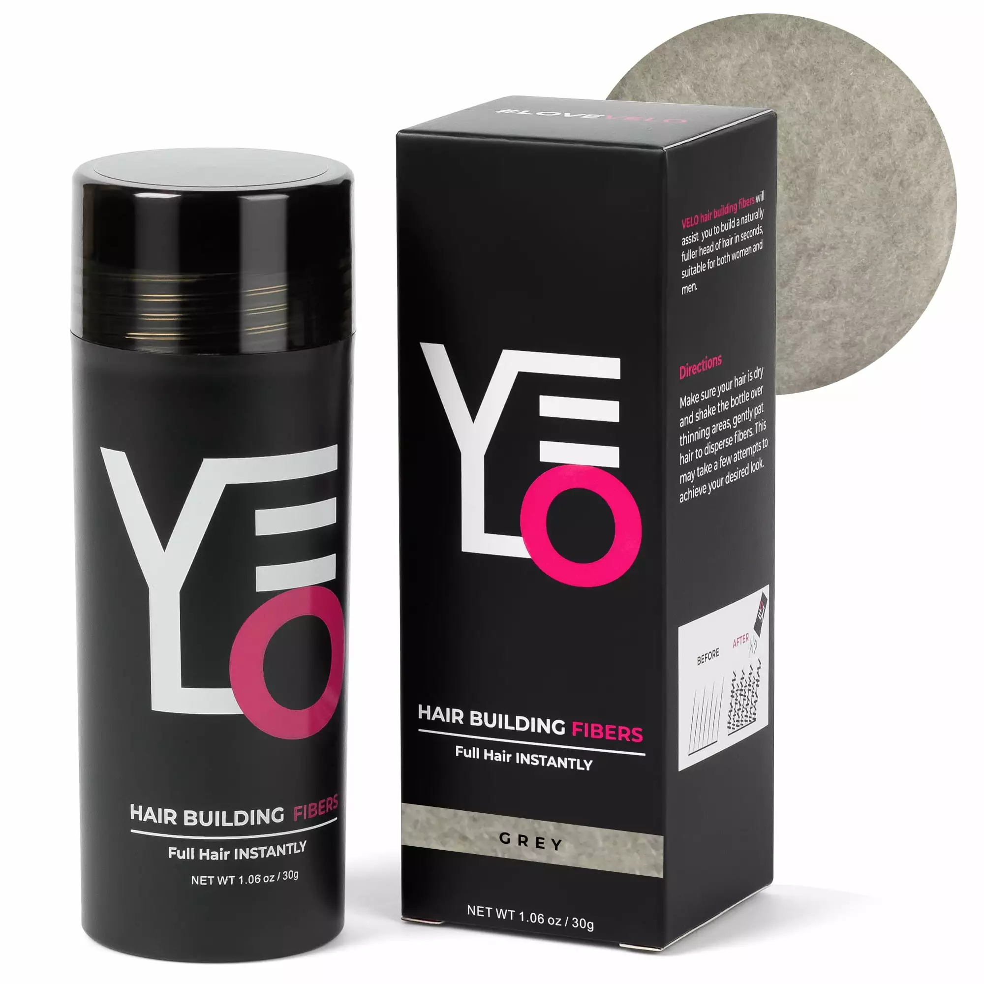 VELO Hair Fibers. 30g Fill in Fine or Thinning Hair. Instantly Thicker. Fuller Look Hair. 10 Shades for Men & Women (Grey)