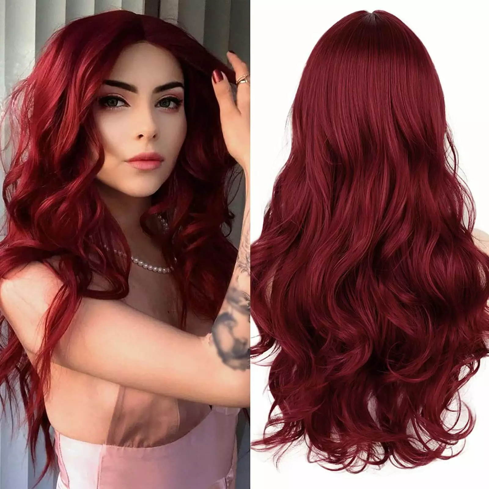 XIAQUJ Long Red Lace Front Wig for Women Middle Parts Long Wavy Human Hair Wig with Lace Front Wig Caps Wigs for Women Wine 24inch