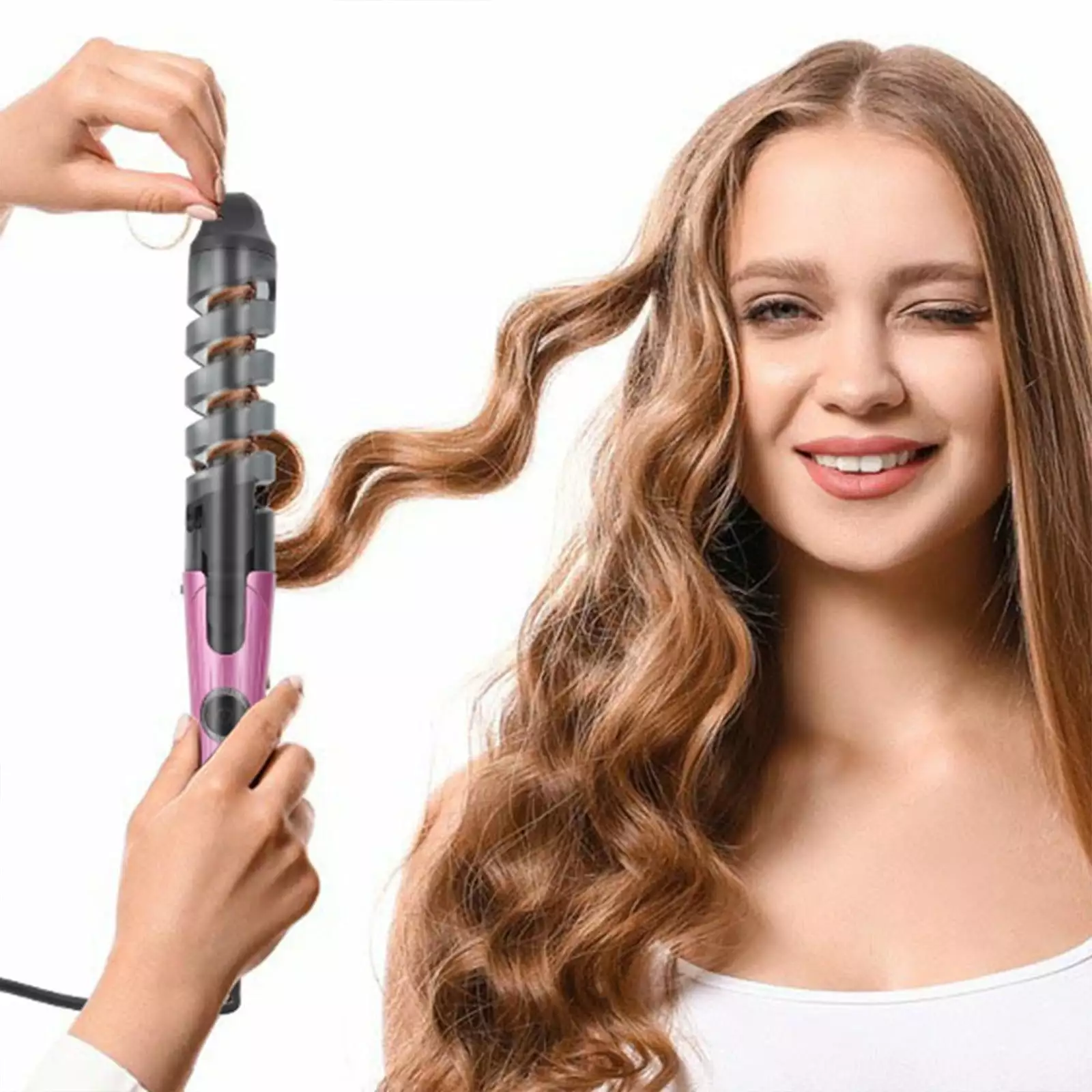 potrochi Deals Rotating Curling Iron - Automatic Curling Iron for All Hair Type. Quick & Effortless Auto Curling Wand with Fast Heating Dual Speed LCD Display for Lasting Beach Waves